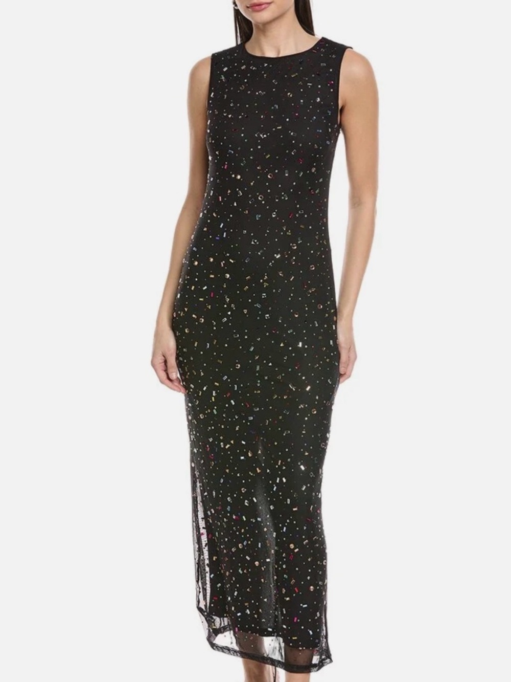 Hutch Sparkle Beaded Mesh Midi Dress Black Medium Petite NWOT
